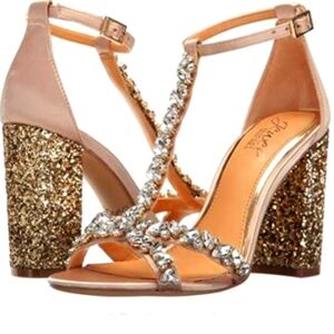 Jewel Badgley Mischka Rose Gold and Gold Glitter T-Strap Block Heel Sandals